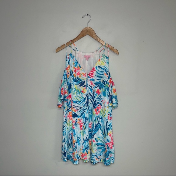 Lilly Pulitzer Bellamie Dress Size Small Blue ‎ Floral Cold Shoulder Flowy Swing - Picture 2 of 16